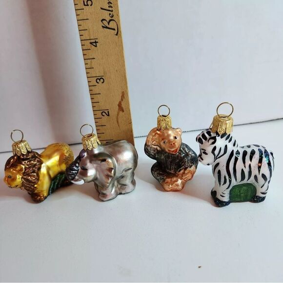 Four vintage handblown glass jungle animals Christmas ornament set, Poland, box - Picture 1 of 8